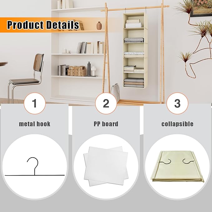 Hanging Closet Organizer, Easy Mount Foldable 5-Shelf Hanging Closet Wardrobe