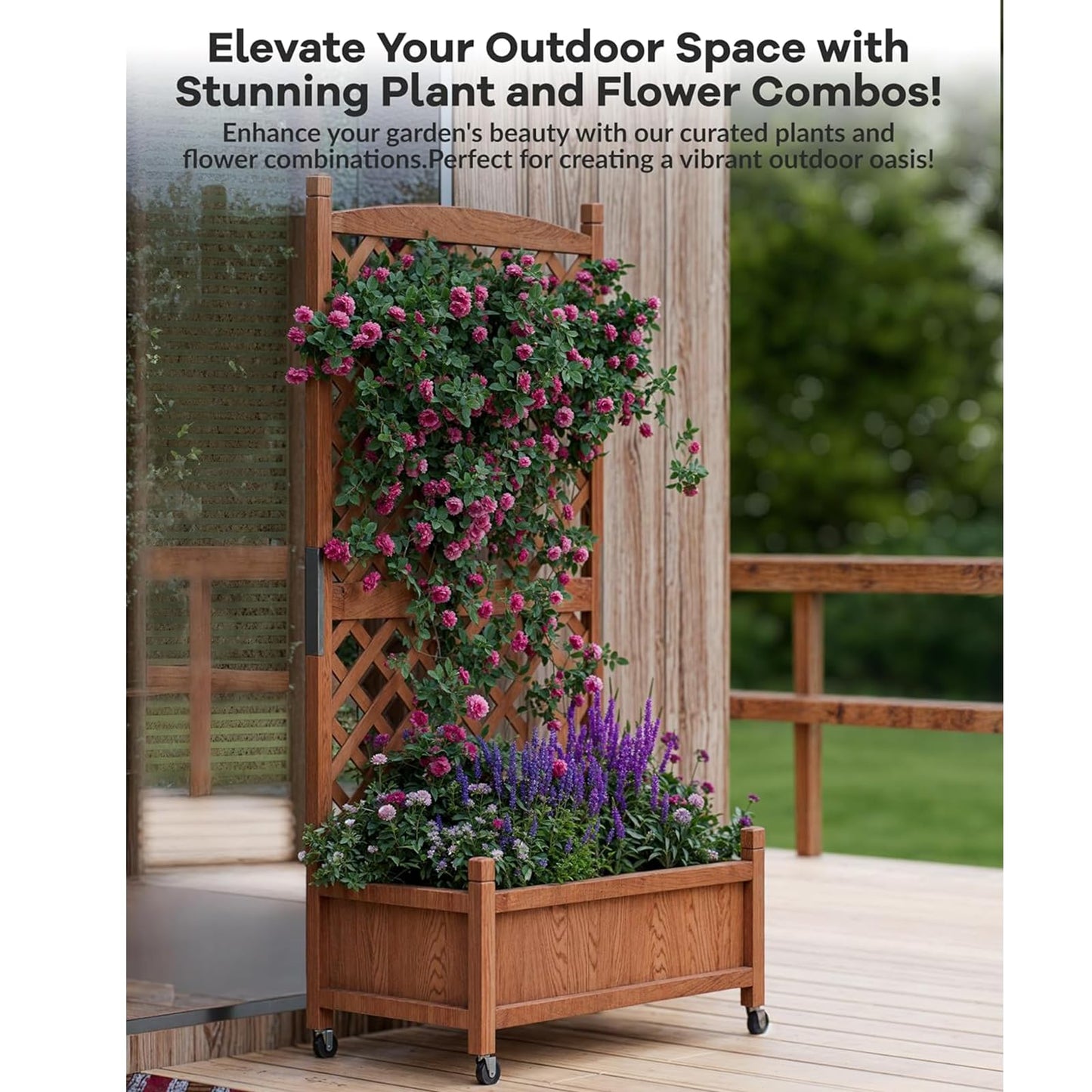 IDEALHOUS Large Raised Garden Bed with Trellis & Wheels, 61" Wooden Mobile Planter Box with Drainage Hole, Freestanding Vertical Planter for Outdoor Indoor Patio Lawn Herbs Flowers Vegetables, 2 Pack