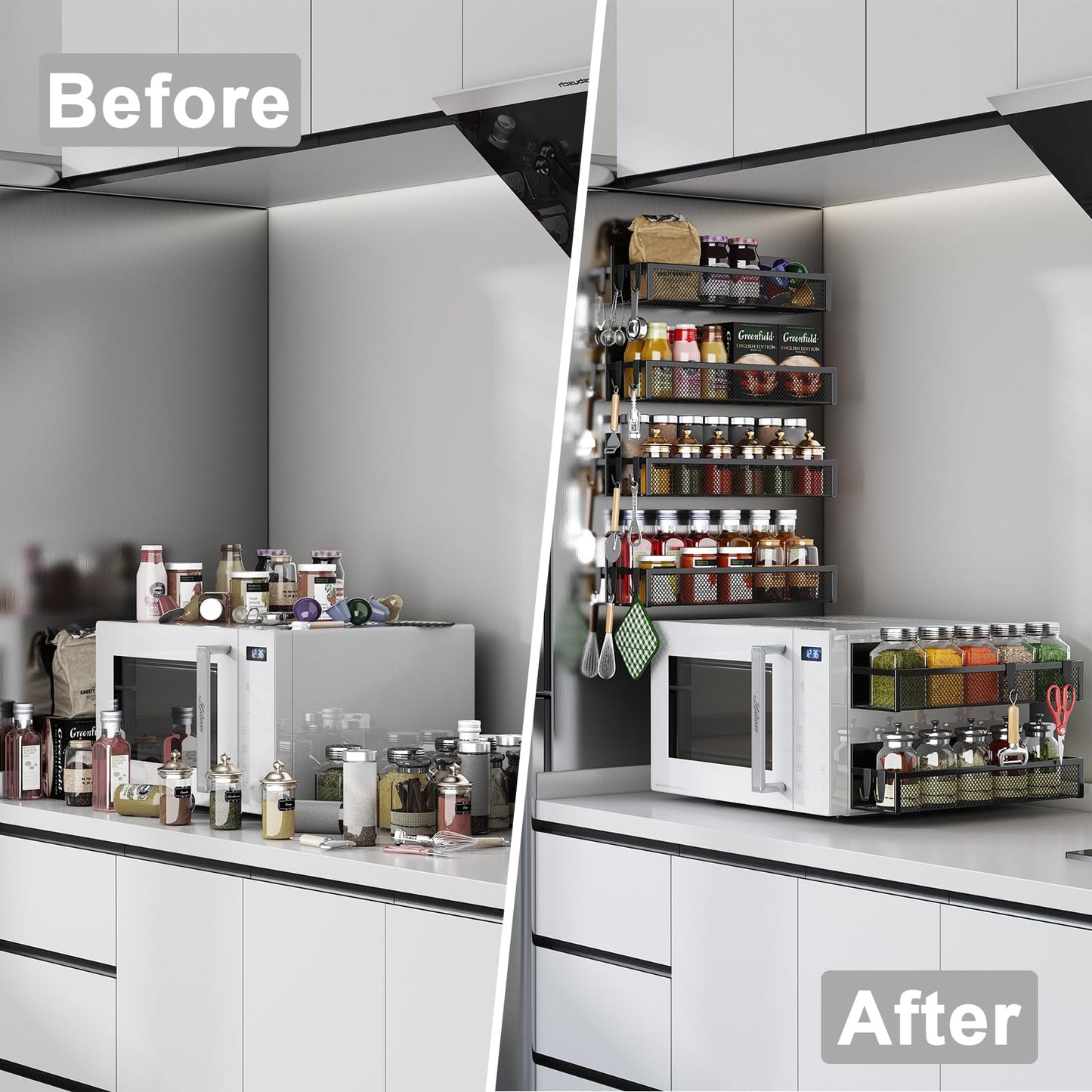 Magnetic Spice Rack for Refrigerator, 4 Pack Magnetic Shelf, Fridge Magnet Organizer with Moveable 8 Hooks, Magnetic Fridge Shelf for Kitchen Organization and Storage (4 Pack)