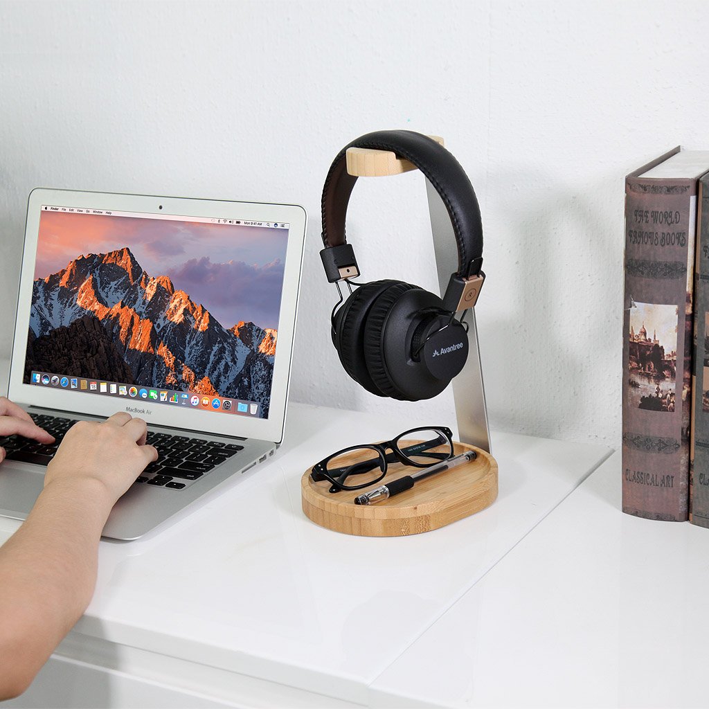 Avantree Universal Wooden & Aluminum Headphone Stand Hanger with Cable Holder, Sturdy Desk Headset Mount Rack for Sony, Bose, Shure, Jabra, JBL, AKG, Gaming Headphones Display - TR902