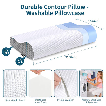 Memory Foam Pillows Neck Pillow Bed Pillow for Sleeping, Ergonomic Cervical Pillow for Neck and Shoulder Pain Relief,Orthopedic Contour Pillow for Side Back Stomach Sleeper(Blue&Grey)
