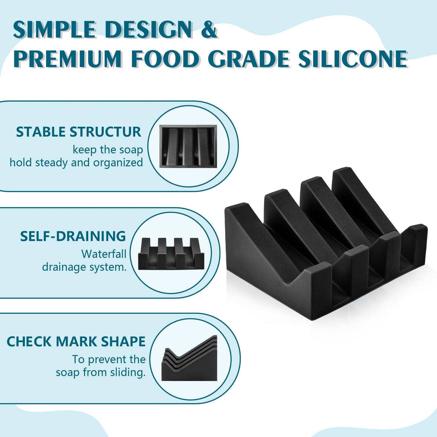 Coipdfty Self Draining Soap Dish Holder,Silicone Soap Dish,for Bathroom,Kitchen, Sponges，Can Extend Soap Life，Keep Soap Bars Dry and Easy Cleaning (Black+White,2-Pack)
