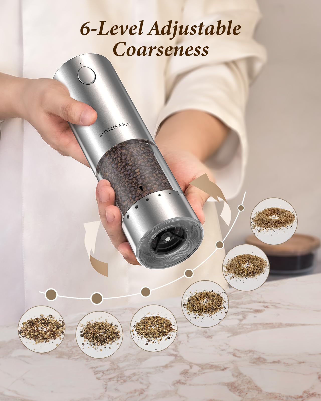Electric Salt and Pepper Grinder Set - Automatic Refillable Salt and Pepper Grinders with Charging Base & LED Light, 6-Level Adjustable Coarseness with External Dial, Ideal Kitchen Gadget，Silver