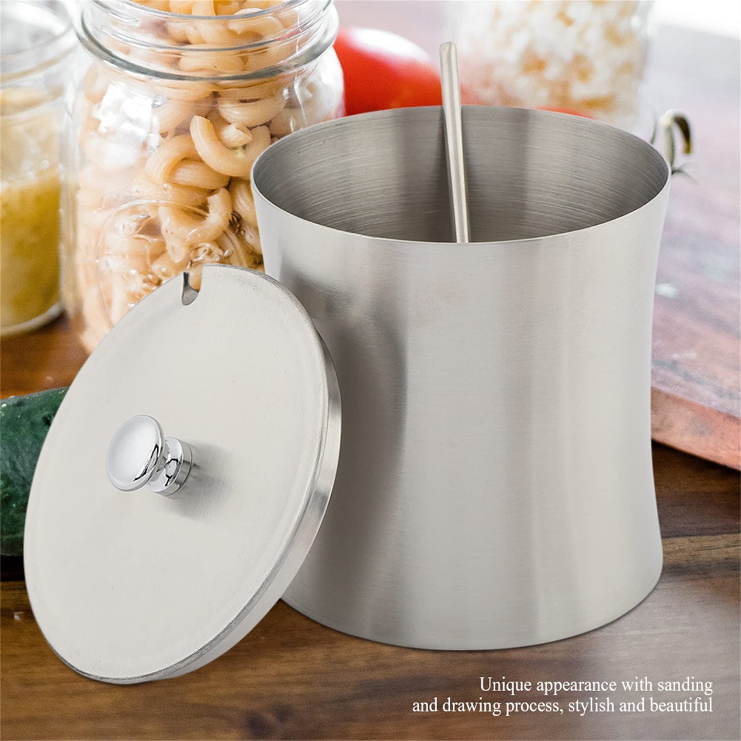 Acouto Salt Bowl with Lid and Spoon, Stainless Steel Sugar Bowl Salt Seasoning Condiment Pot Jar with Cover and Spoon