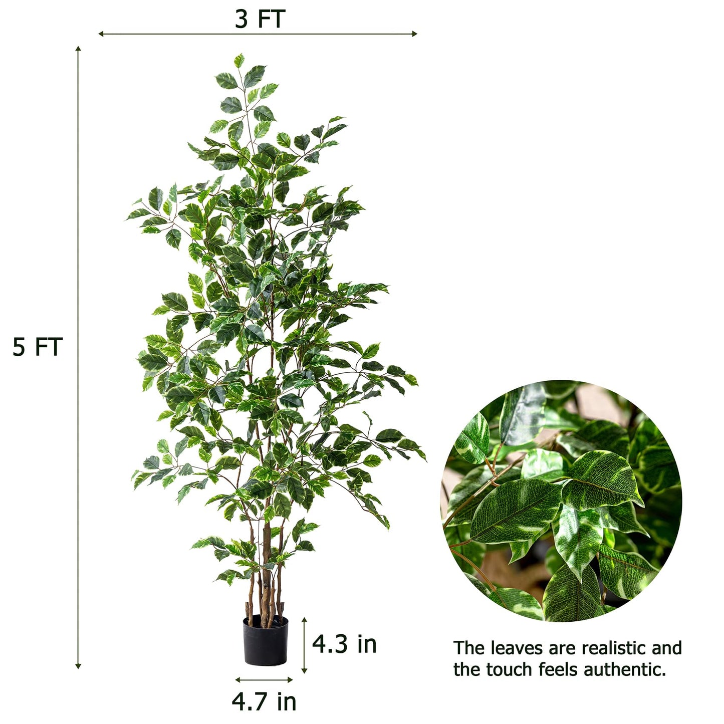 Bailikang Artificial Ficus Tree Indoor 5ft, Large Potted Faux Tree with Realistic Silk Leaves & Trunk for Home Office, Living Room Corner Decor