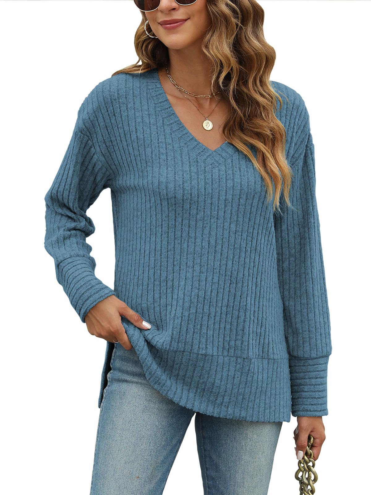 JomeDesign Womens Sweaters Long Sleeve V Neck Shirts Loose Casual Fashion Tops
