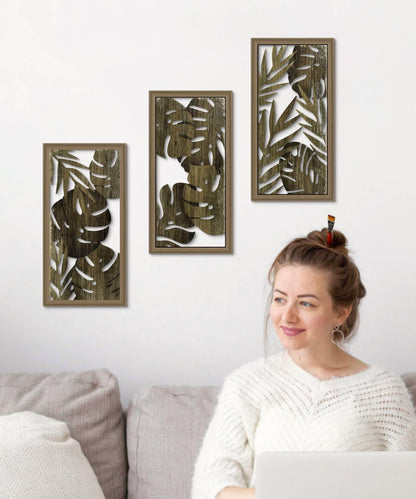 Putuo Decor Tropical Leaf Wall Art, Monstera Palm Leaves Natural Aesthetic Boho Decor, Set of 3 Modern Botanical Art for Living Room, Bedroom, Bathroom, Office 16x8 Inch