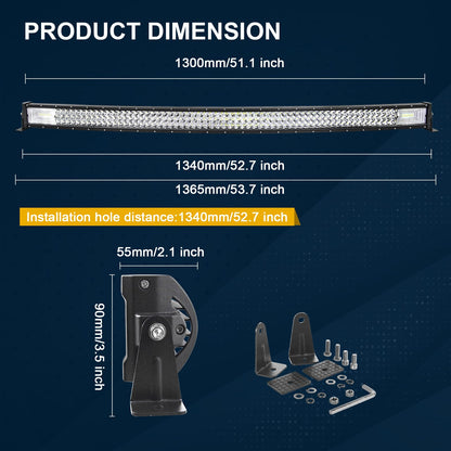 SKYWORLD 52" Curved Off Road LED Light Bar, 675W Triple Row Flood/Spot Combo Beam with 2 Magnetic Mounts & Wiring Harness Kit - 12V/24V for Trucks, SUVs, UTV, ATV, Tractors, Trailers, 6000K White