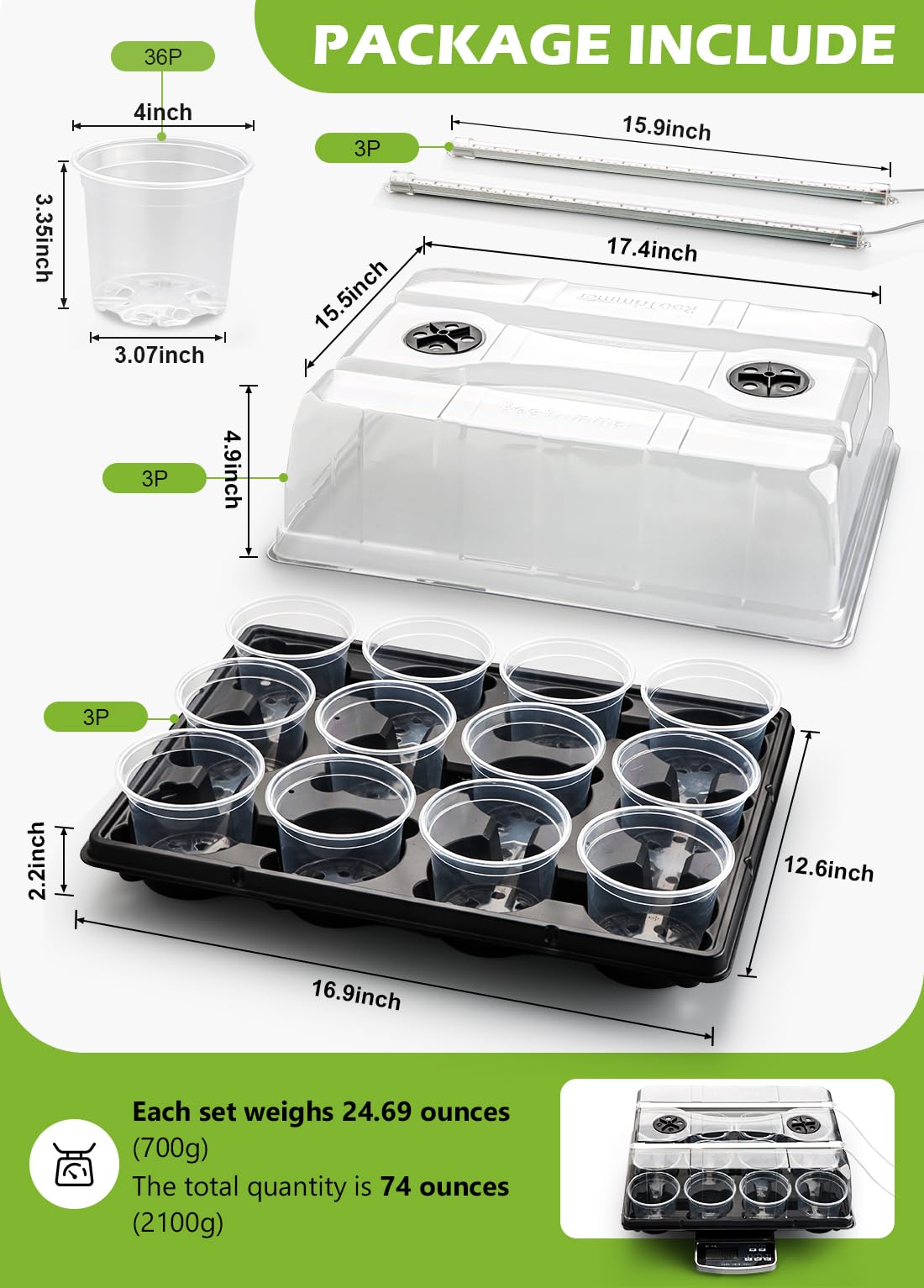 36 Pack 4 Inch Clear Plant Pots & 3 Pack 12 Cell Nursery Pot Trays with Humidity Dome and Growing Lights for Seed Starting, Germination, Seedling Propagation Plant Growing, Sturdy Gardening Kit 3 Sets