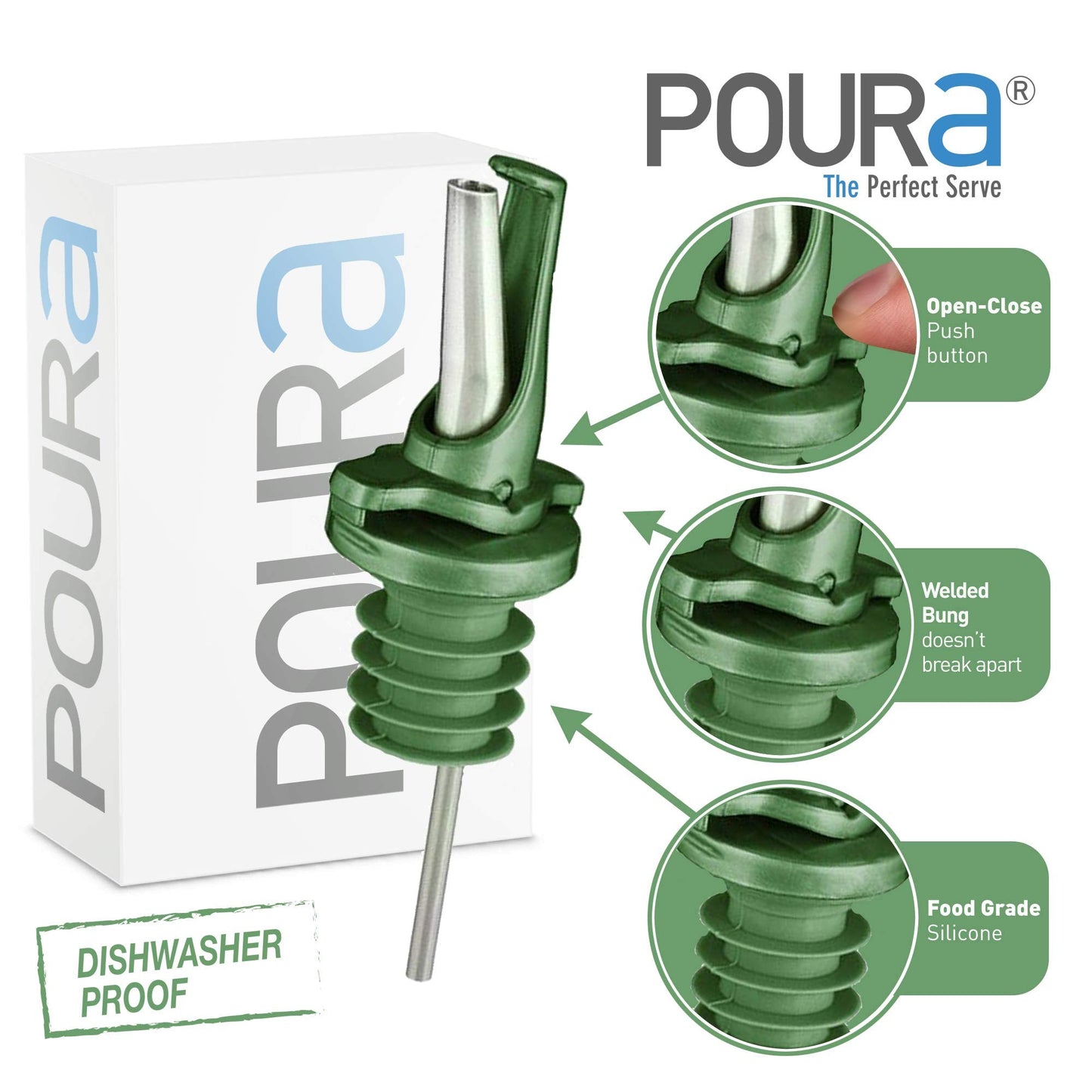 AIRTIGHT Olive Oil Pour Spout for Olive Oil Dispenser - UK Patented Oil Pourer - Hygienic One Handed Open Close Mechanism Keeps Oil Fresh. Dust Caps Cover | Screens Alternative - Green 2 PCs