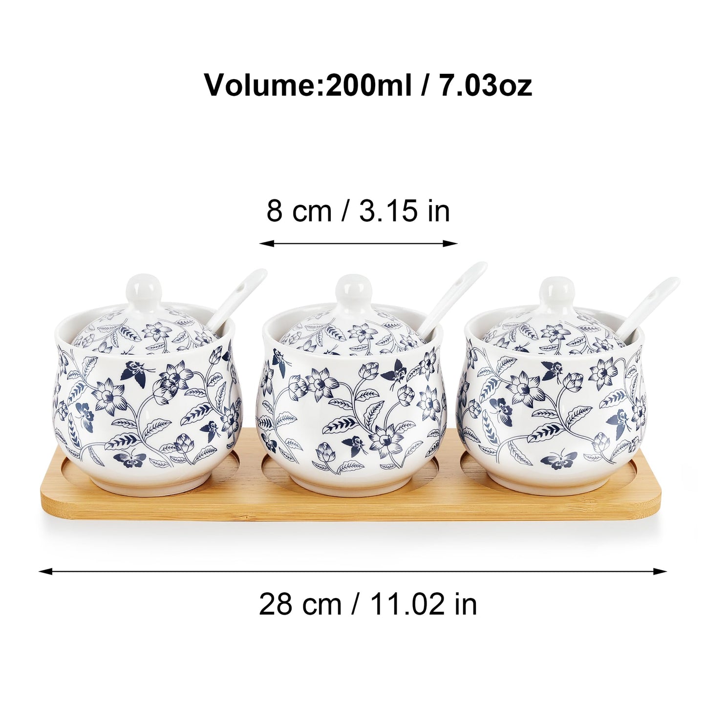 fanquare Blue and White Floral Ceramic Sugar Bowl with Lid, Spoon and Tray, Coffee Sugar Canister Set of 3, Seasoning Box Salt Bowl for Kitchen, 9.5 Ounces