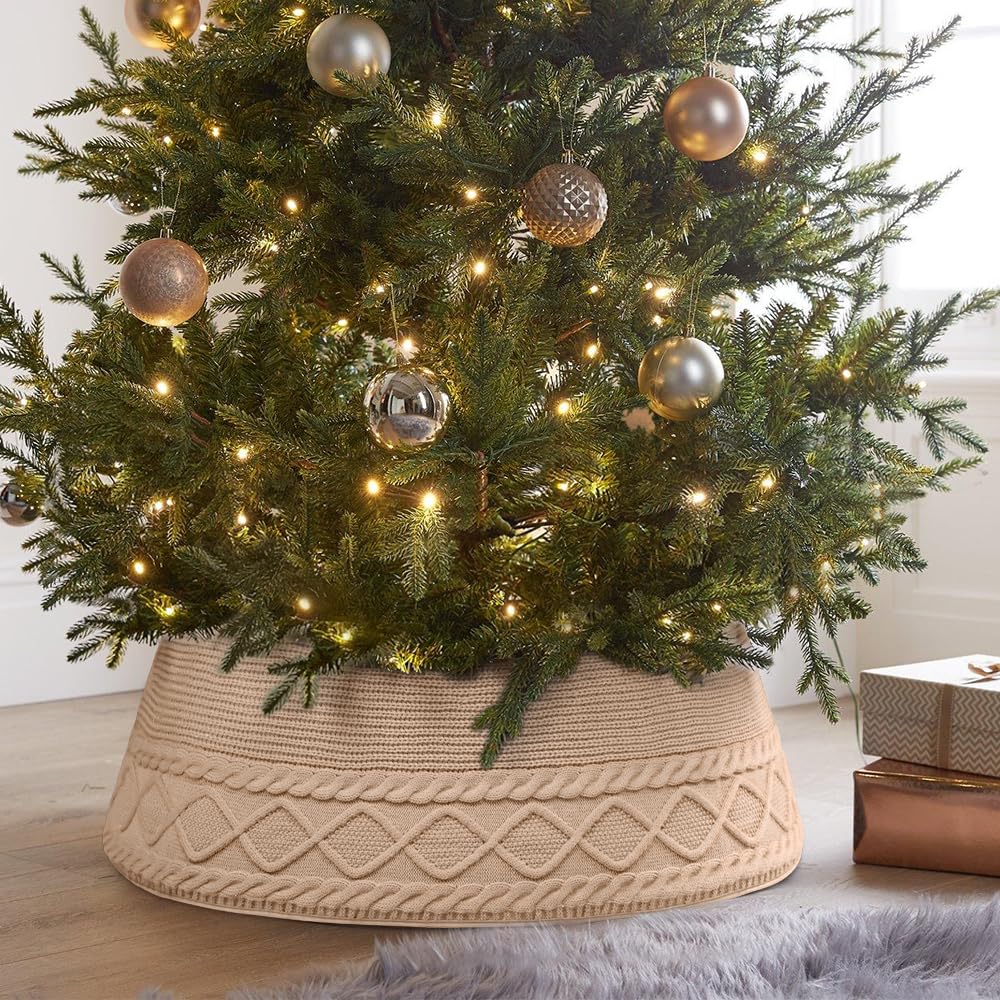 Teeanzo Christmas Tree Collar Skirt,Knitted Beige Diamond Edge Cable Stand Farmhouse Rustic Tree Ring for Artificial Christmas Tree Base Cover Holiday Home Party Decoration