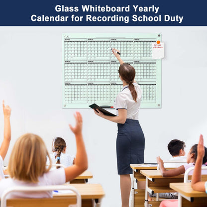 TSJ OFFICE Glass Calendar Whiteboard - 48 x 36 Inches Wall Mounted Yearly Calendar Dry Erase Board, Large Magnetic Glass White Board for Office, Home & School