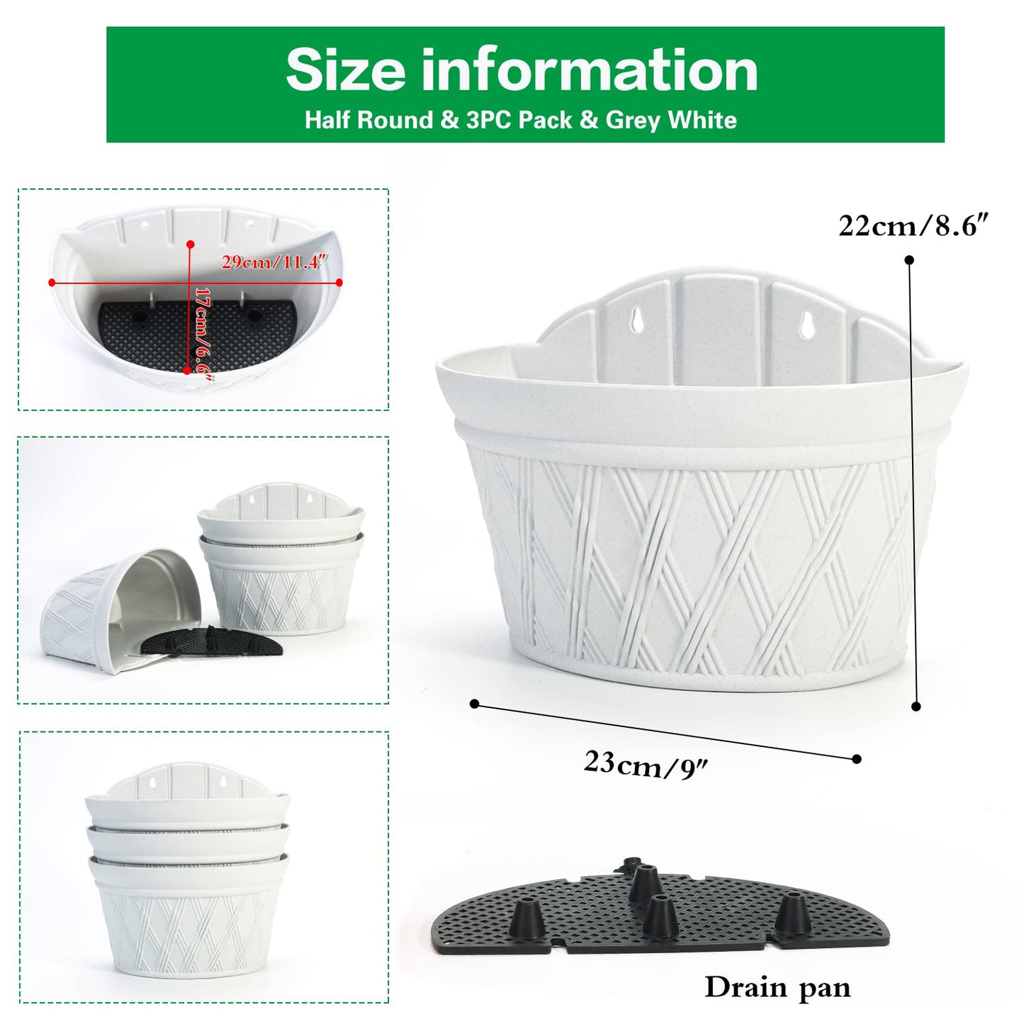 Sungmor Wall Hanging Planters,11.5 Inch Hanging Flower Pots for Railing Fence - Indoor Outdoor Balcony Wall Hanging Basket, Plastic Plant Pot Container - Half Round & 3PC Pack & Grey White