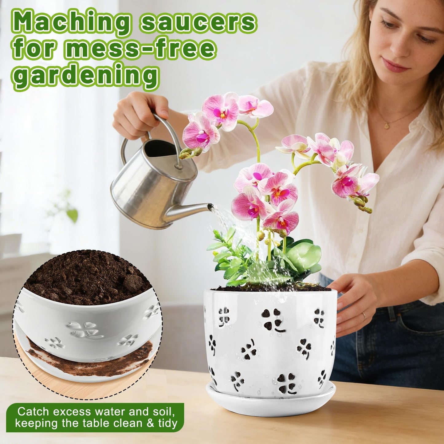 REMIAWY Orchid Pot, 6 Inch and 5 Inch Large Ceramic Orchid Planter with Drainage Holes and Saucer, Decorative Flower Pots for Indoor Outdoor Plant Repotting, Succulent, Good Air Circulation, 2 Packs