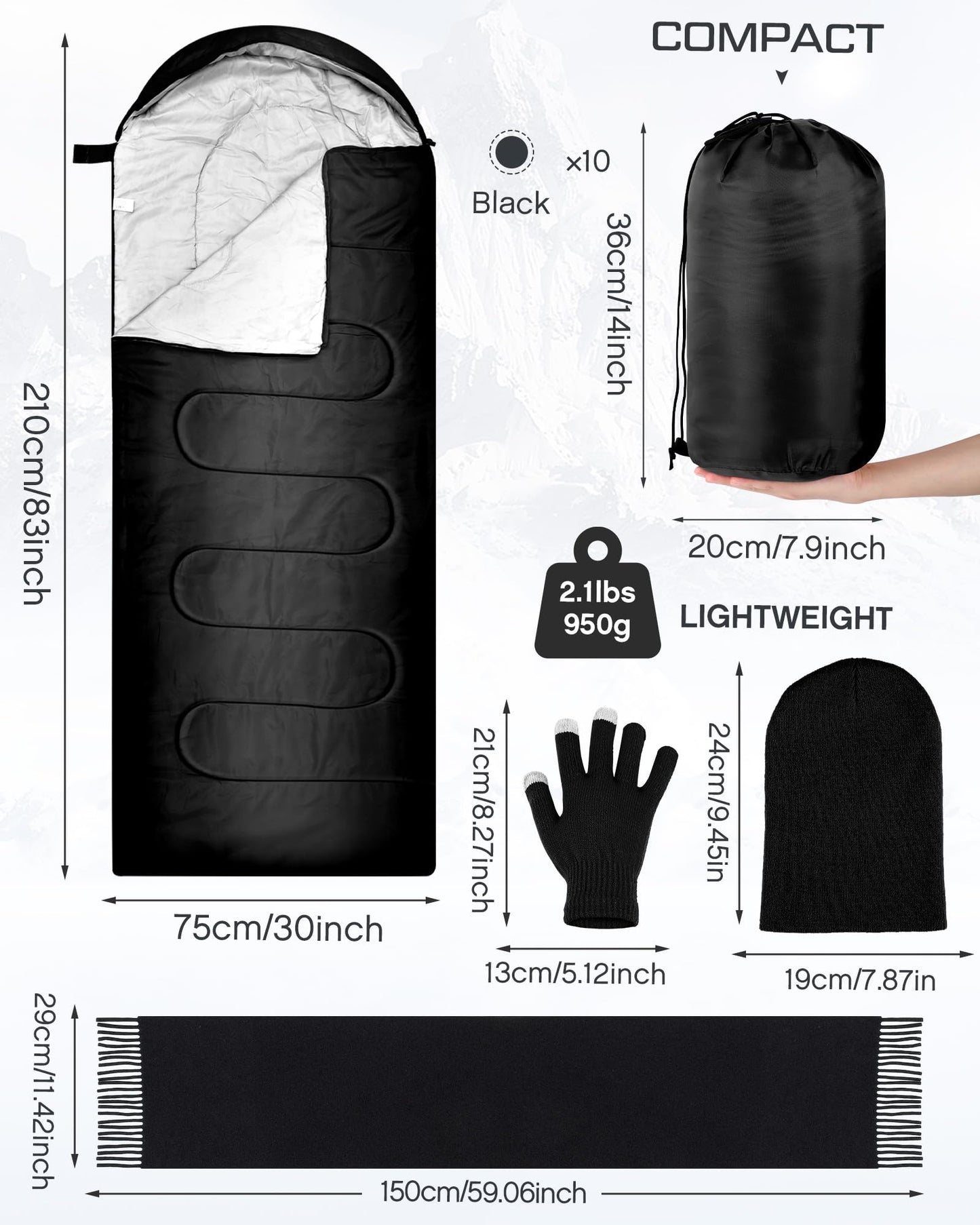 Tranqun 40 Pcs Sleeping Bags for Adult Bulk with Winter Beanie Hat Touch Screen Gloves Scarves, Waterproof Cotton Liner Cold Weather Sleeping Bag for Homeless Camping Indoor Outdoor(Black)