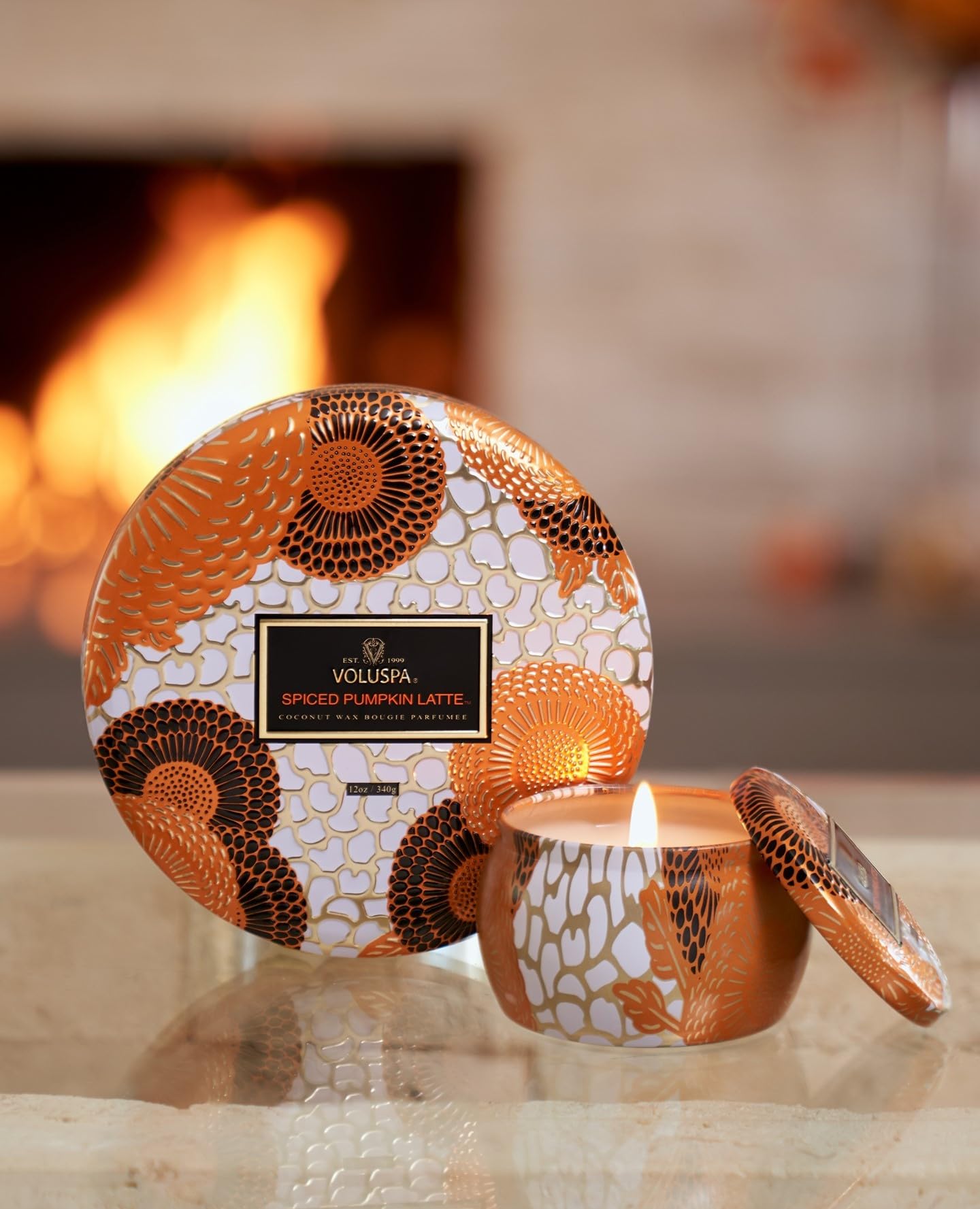 Voluspa Spiced Pumpkin Latte Candle | Mini Tin | 4 Oz. | Fall Candle | Clean Burning Coconut Wax and Natural Wicks