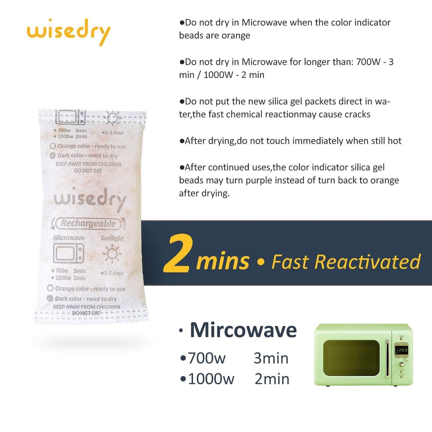wisedry 50 Gram [10 Packs] Silica Gel Desiccant Sachets Microwave Fast Reactivate Desiccant Bags with Indicating Beads for Closet Gun Safes Bathroom Food Grade