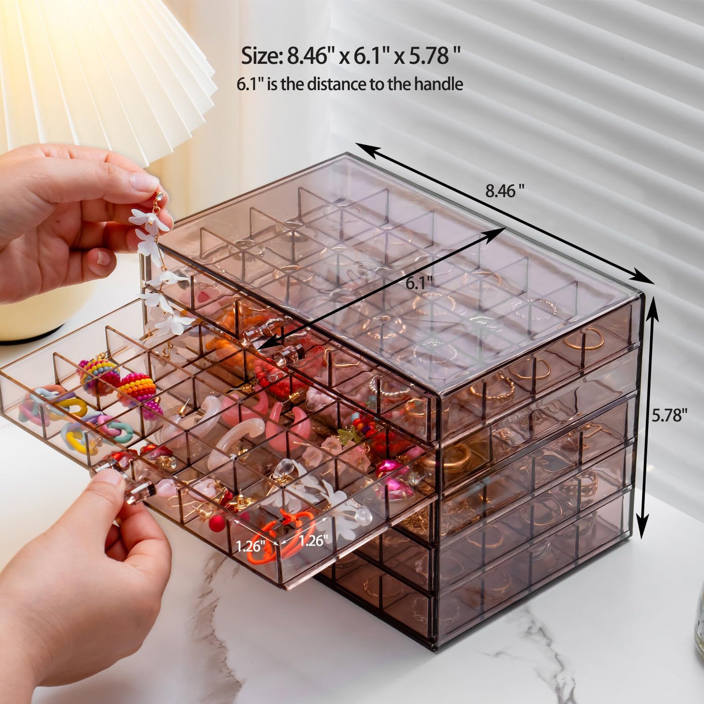 YUFONG Earring Storage Box Organizer, Acrylic Jewelry Storage Box Holder 5 Drawers Transparent Jewelry Display Stand with 120 Small Compartments Gift Boxes for Women Girls (Clear Purple Brown)