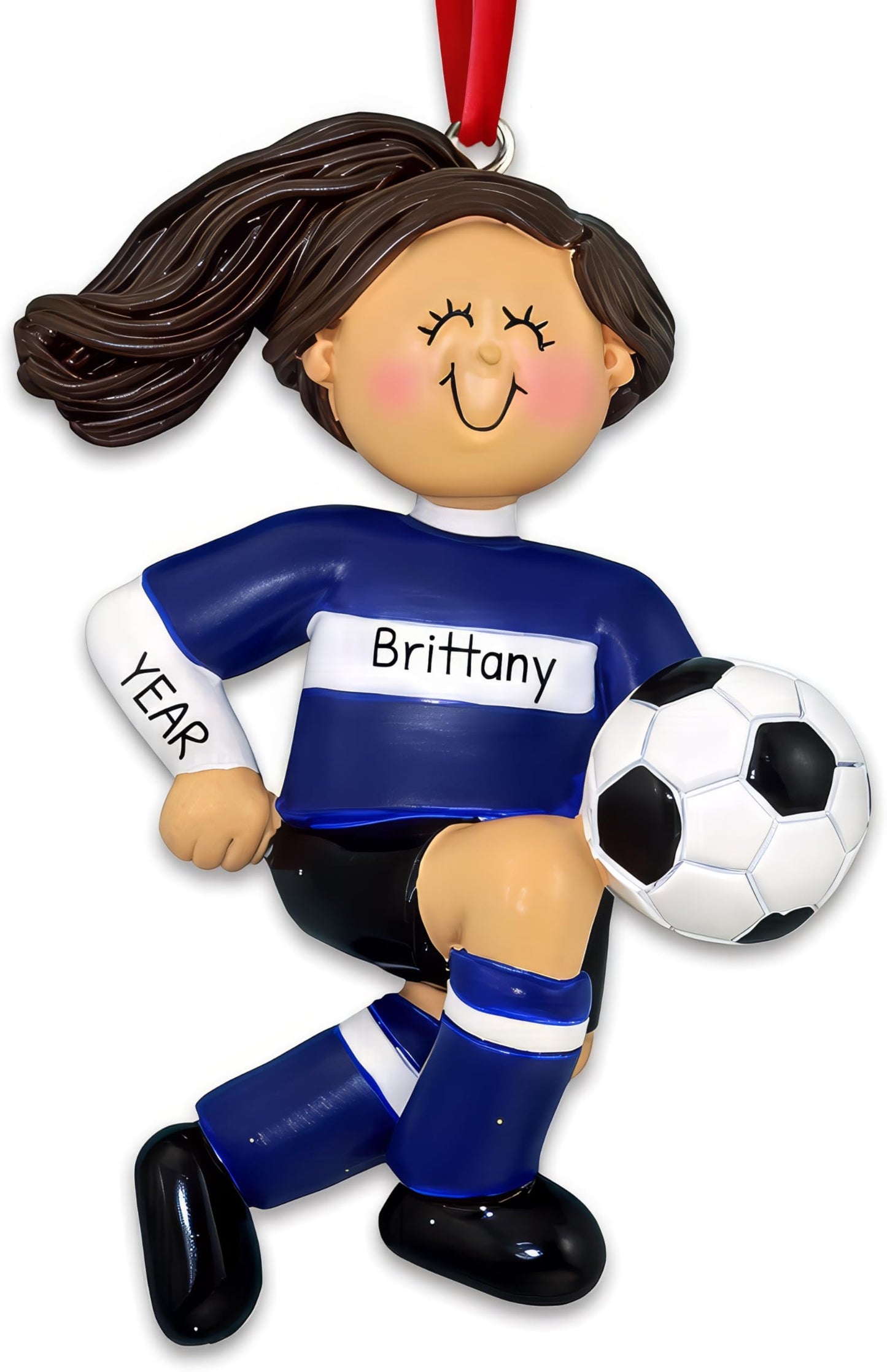 3D Girl Soccer Ornaments for Christmas Tree - Personalized Soccer Ornament 2025 Personalized Christmas Ornaments for Kids Gifts for Girls Custom Name & Year Brunette Player with Blue Jersey Keepsake
