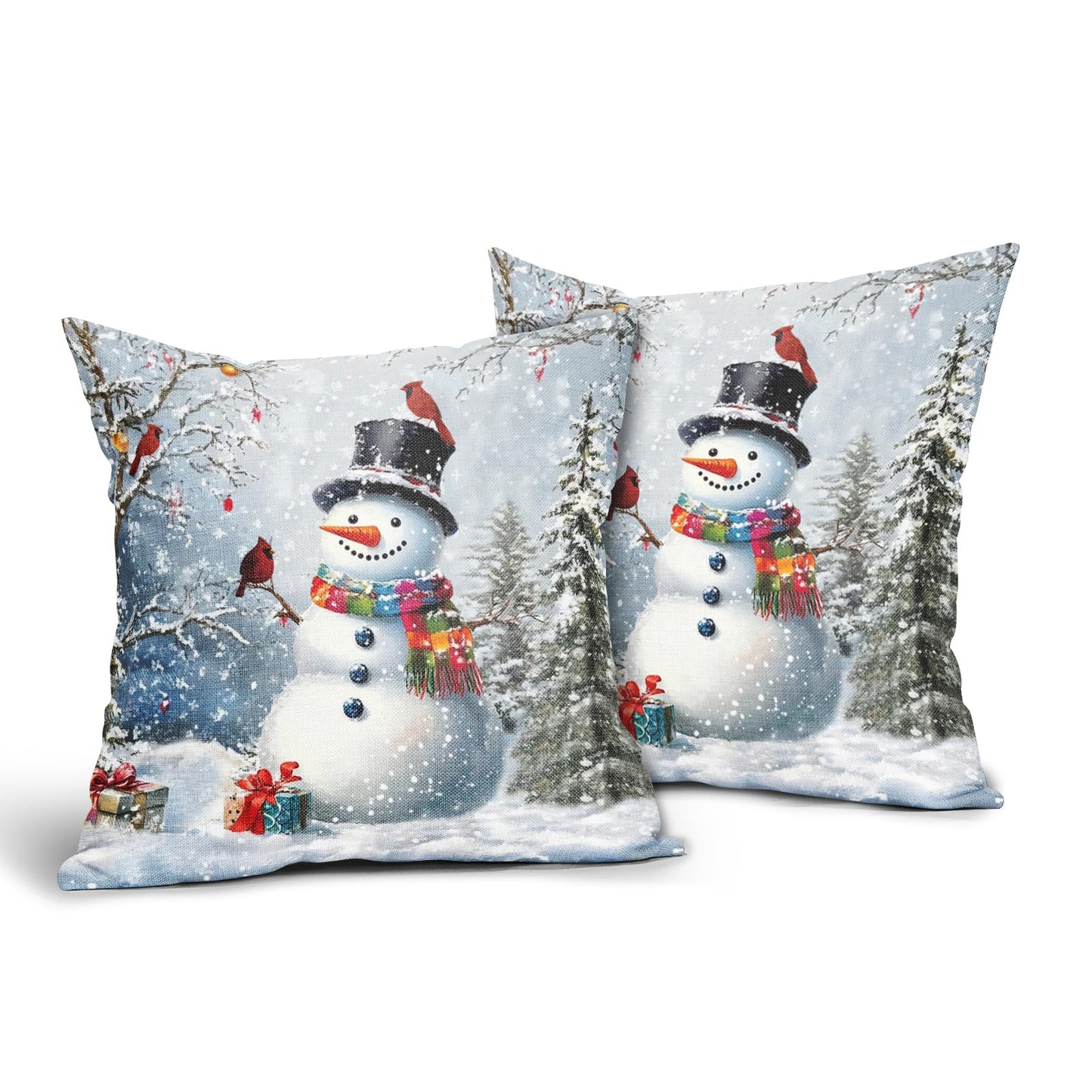 Evlaschin Snowman Pillow Covers Set of 2 Winter Snowflakes Birds Christmas Decorative Throw Couch Pillowcases Cotton Linen Double Sided 20x20 Inches Xmas Trees Holiday Indoor Outdoor Cuchion Covers