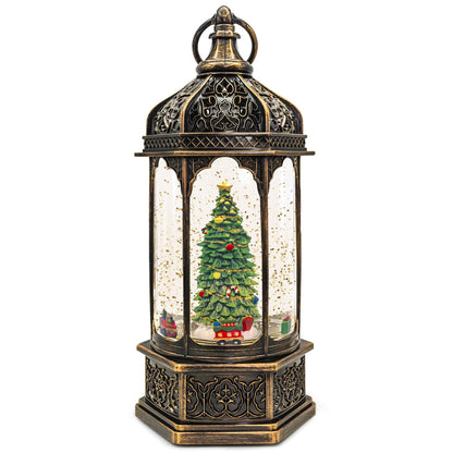 Christmas Snow Globes with Music,6H Timer Cylindrical Flashing Snow Ball,Bronze Musical Box Including 8 Songs,Glitter Snowflakes Lantern with Christmas Tree Xmas Decor Gift