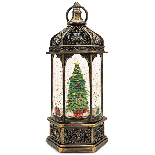 Christmas Snow Globes with Music,6H Timer Cylindrical Flashing Snow Ball,Bronze Musical Box Including 8 Songs,Glitter Snowflakes Lantern with Christmas Tree Xmas Decor Gift
