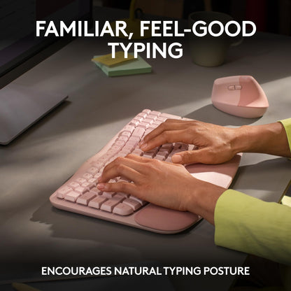 Logitech Wave Keys Wireless Ergonomic Keyboard with Cushioned Palm Rest, Comfortable Natural Typing, Easy-Switch, Bluetooth, Logi Bolt Receiver, for Multi-OS, Windows/Mac - Rose