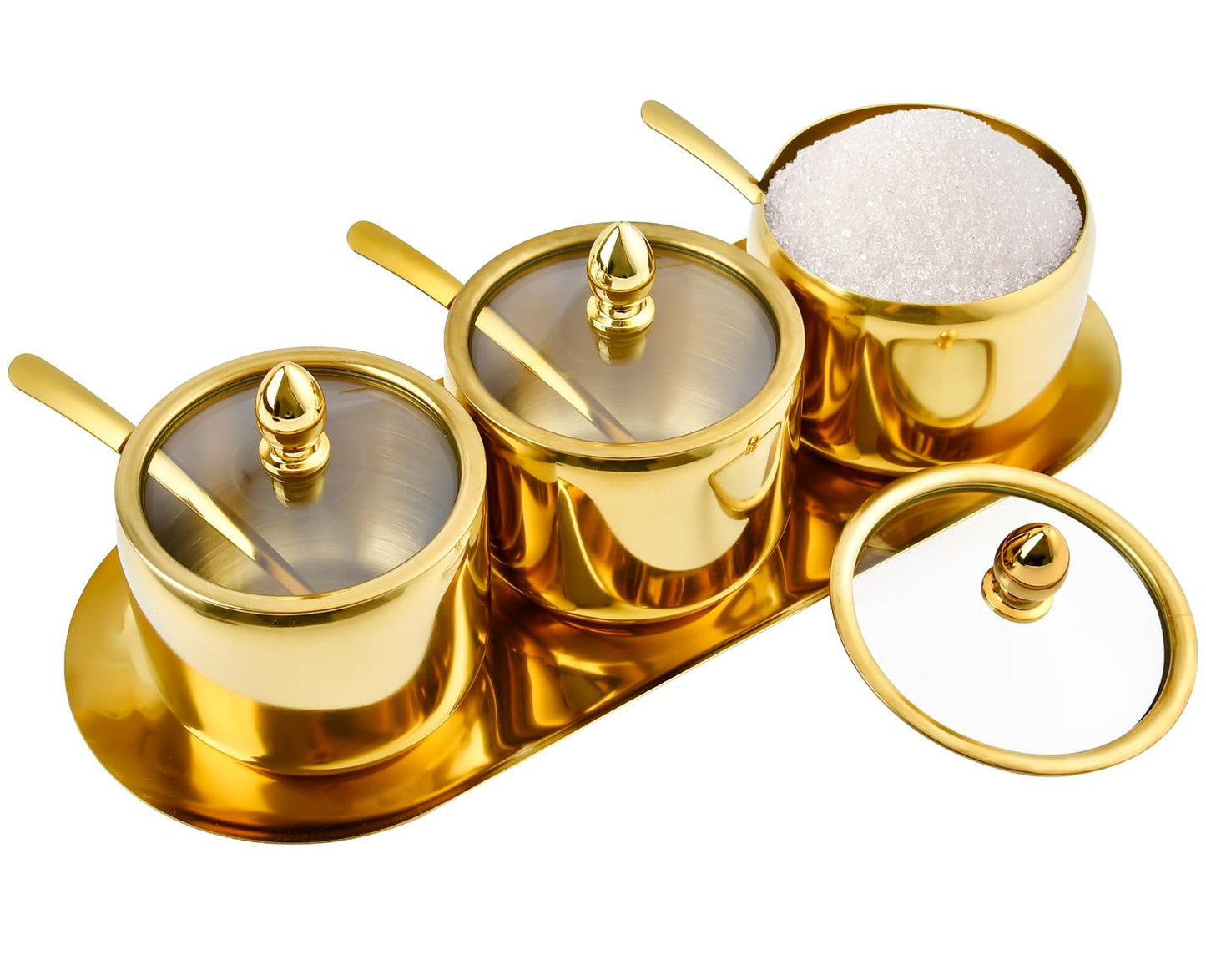 Akamino Set of 3 Stainless Steel Sugar Container with Glass Lid and Spoon, Gold 10oz Seasoning Jar Condiment Pots with Serving Tray, Kitchen Canisters Set for Pepper, Salt, Spice, Candy