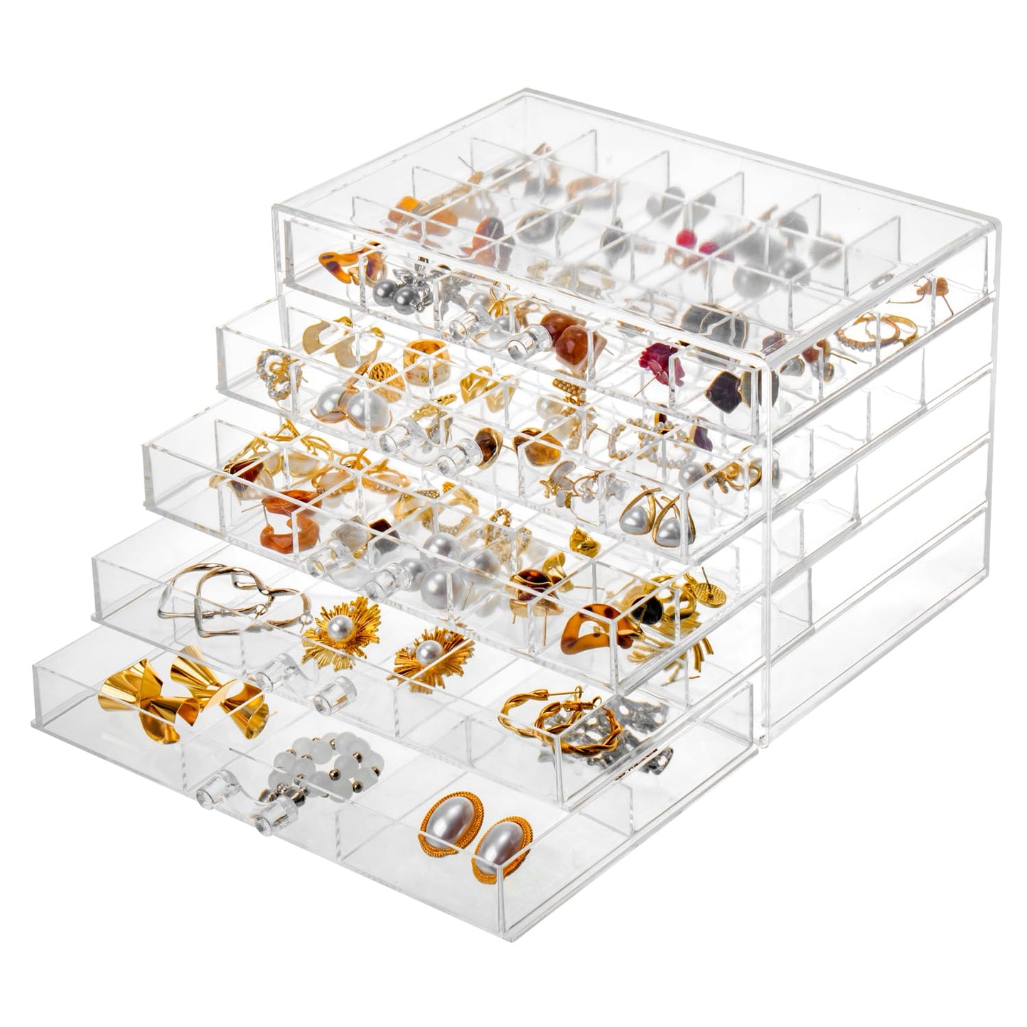 YUFONG Jewelry Boxes Earring Storage Box Organizer 5 Drawers Jewelry Organizer Acrylic Jewelry Storage Box Holder Compartment Transparent Display Storage Case Gift for Women Girls (84 Girds)
