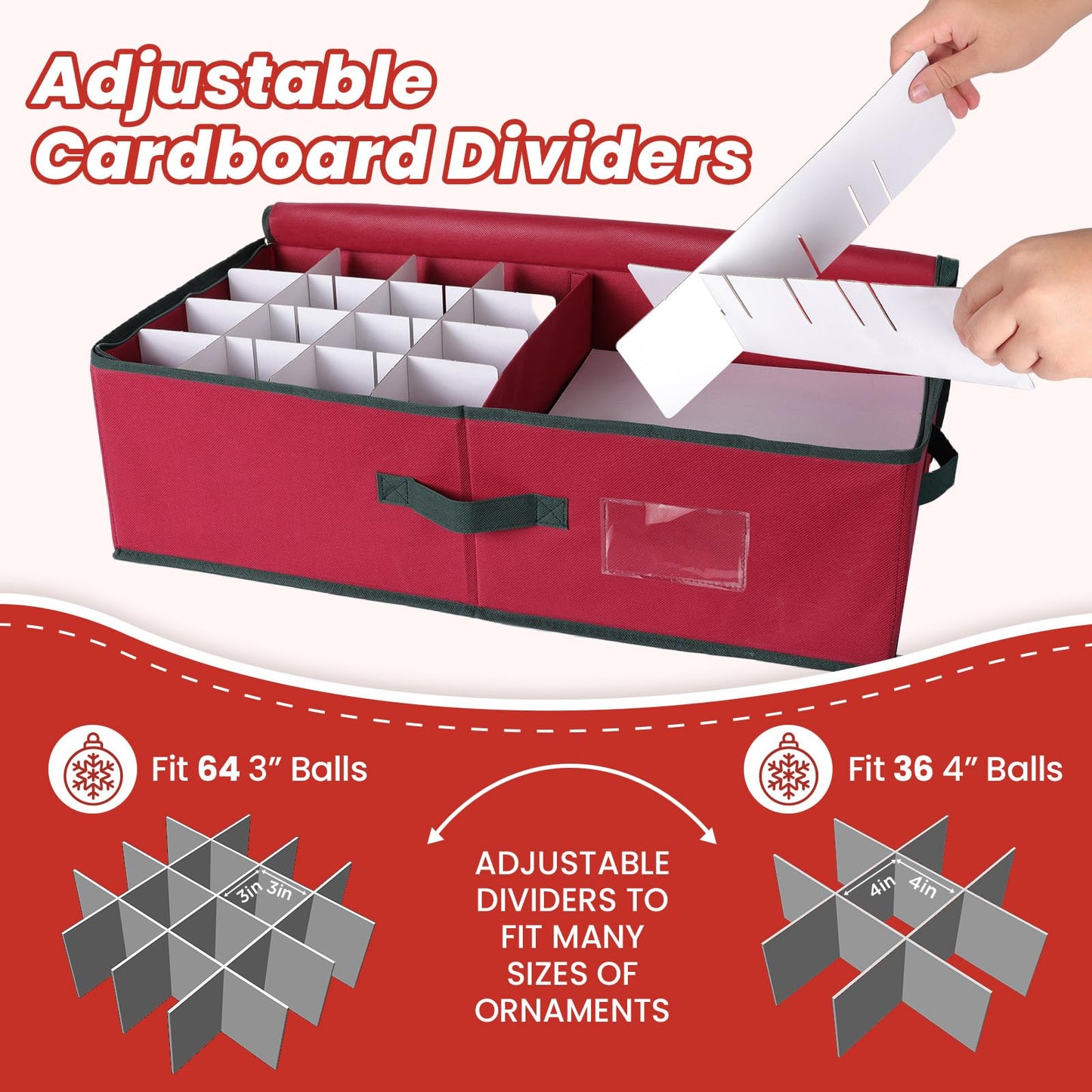 BlessedSeason Christmas Ornament Storage Box with Adjustable Dividers, Cube Storage Containers Organizer *2, Stackable Storage Bins Fit Balls (36 PCS 4’’ & 64 PCS 3”) Dual Zipper, Handles, Visual Slot