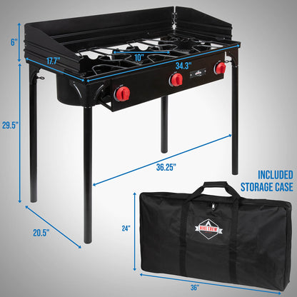 Hike Crew Cast Iron 3-Burner Outdoor Gas Stove | 225,000 BTU Portable Propane Cooktop w/Blue Flame Control, Removable Legs, Temperature Control Knobs, Wind Panel, Hose, Regulator & Storage Carry Case