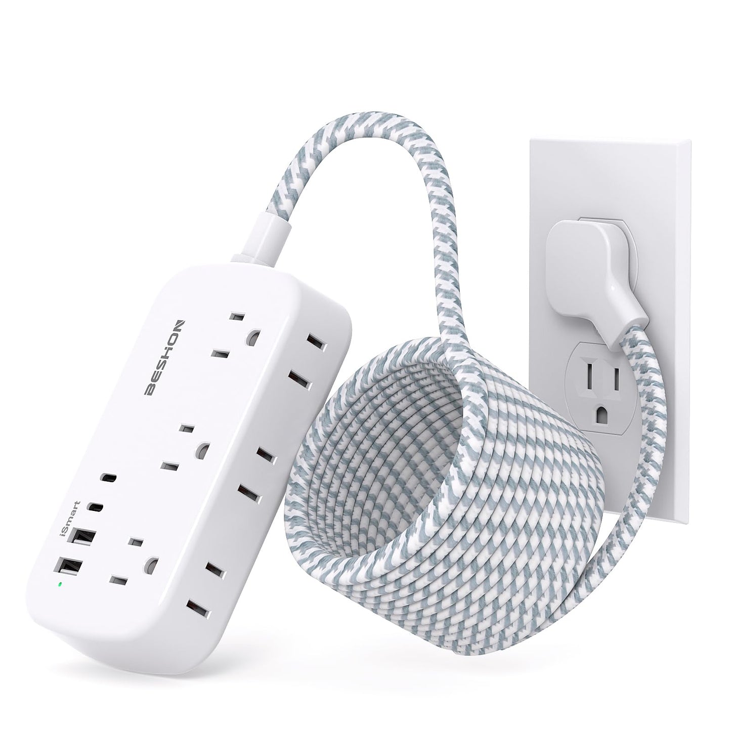 Flat Extension Cord, BESHON 5FT Flat Plug Power Strip with USB C, 6 Outlets 4 USB Port(2 USB C), No Surge Protector, Cruise Ship, Dorm Room Travel Essentials