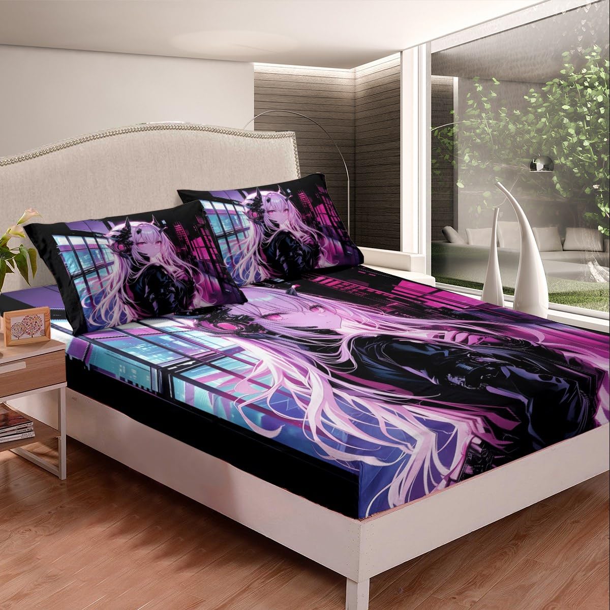 Erosebridal Japanese Anime Fitted Sheet Full Size, Anime Girl Bedding Set Kawaii Japanese Style Bedding Set Cartoon Japan Animation Bed Set for Boys Teens Adult Women Bedroom Decor