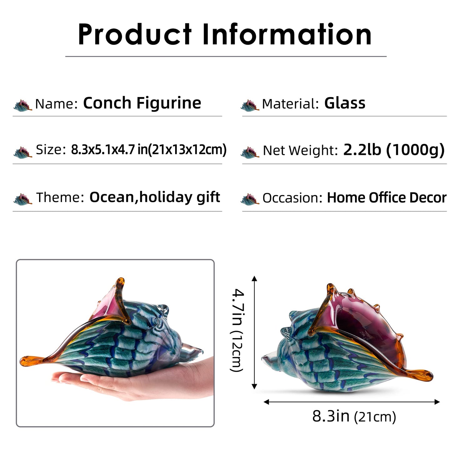 EUSTUMA Hand Blown Glass Conch Figurines Ornament,Sea Animal Ornament for Home Decor,Sea Animals Collection for Birthday Gift,Glass Seashell