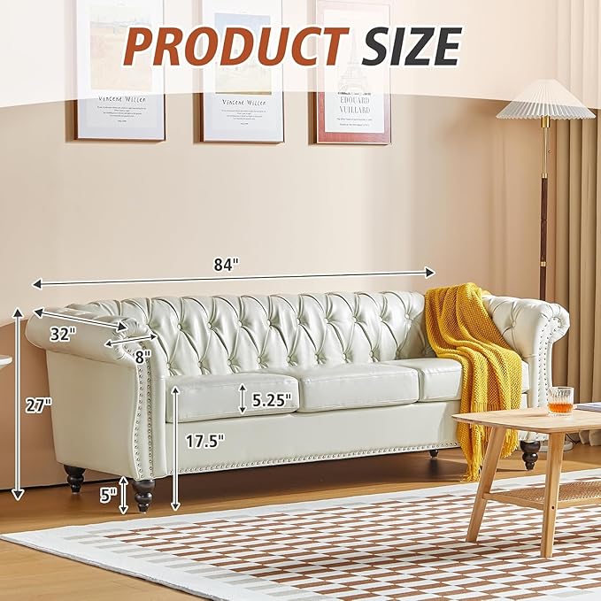 Mid-Century 3 Seater Sofa, Faux Leather Couch