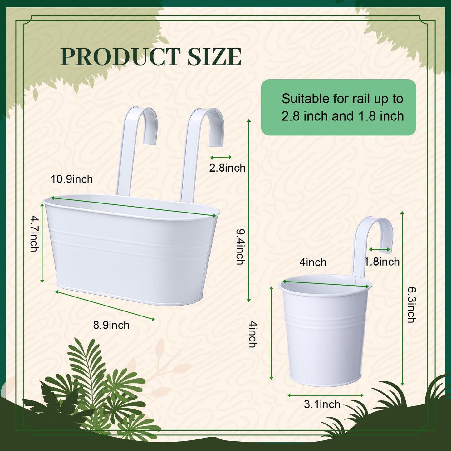 Romooa 16 Pcs Hanging Flower Pots Planters for Outdoor Metal Iron Wall Flower Planter Baskets for Railing Fence Balcony Garden Yard Home Indoor Decoration with Detachable Hooks(White)