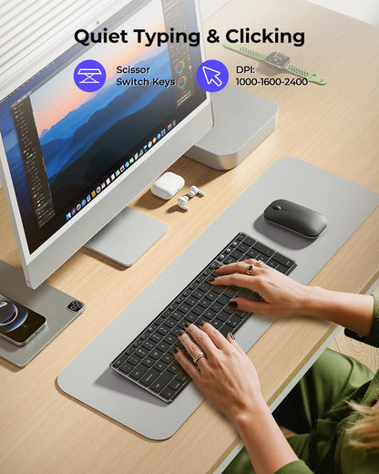 seenda Bluetooth Keyboard and Mouse for Mac, SKM64-2 Multi-Device Rechargeable Slim Wireless Keyboard Mouse Stainless Steel Full Size, Compatible with MacBook Pro/Air, iPad, Mac - Space Gray