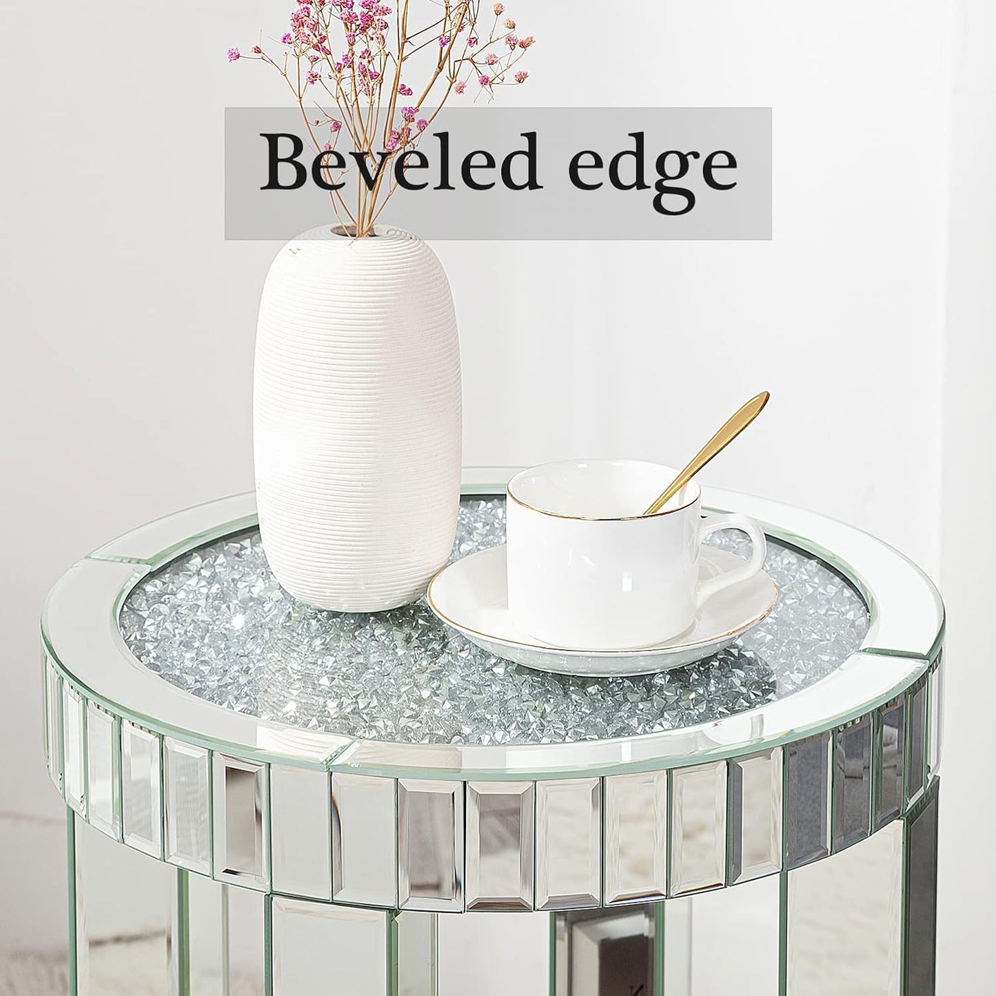 SHYFOY Mirrored Round End Table with Crystals Inlay, 2-Tier Modern Glass Small Sofa Table with Storage, Silver Accent Table for Living Room, Bedroom and Small Spaces