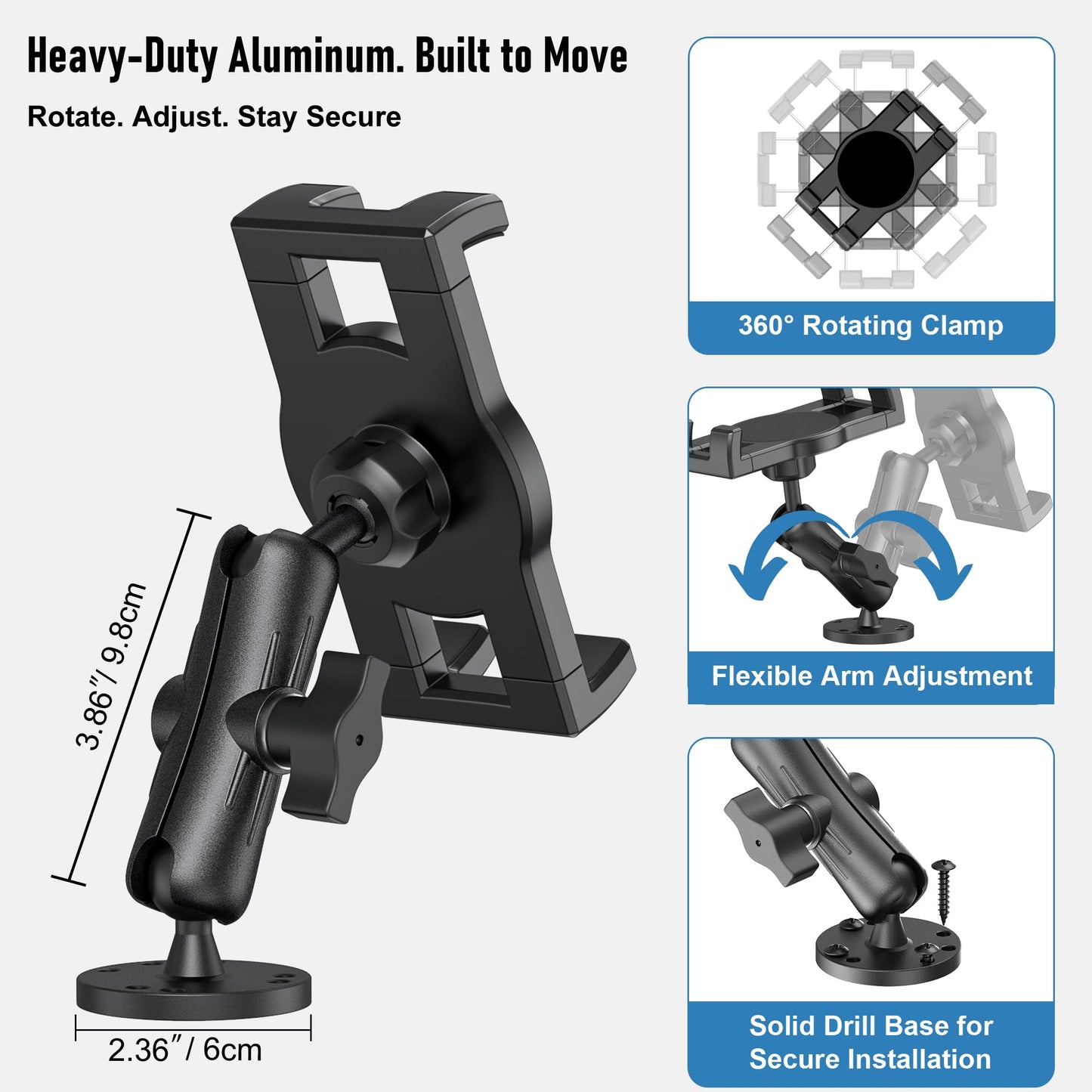 TeQable Industrial Tablet Mount for Truck&Vehicle, Heavy Duty Drill Base iPad Mount Holder for Car, Adjustable Aluminum Arm, Compatible w/ 4.7"-12.9" Devices, Perfect for Dashboard, Boats, Walls–Black