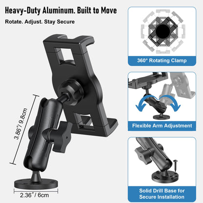 TeQable Industrial Tablet Mount for Truck&Vehicle, Heavy Duty Drill Base iPad Mount Holder for Car, Adjustable Aluminum Arm, Compatible w/ 4.7"-12.9" Devices, Perfect for Dashboard, Boats, Walls–Black