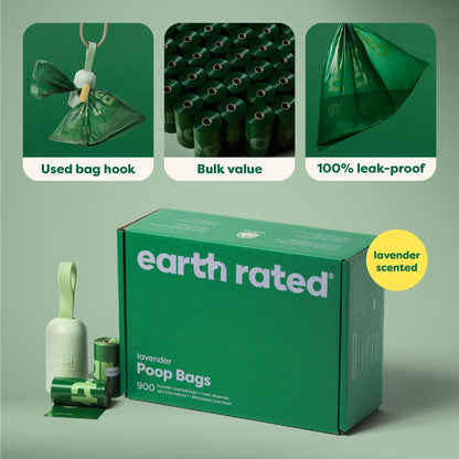 Earth Rated Dog Poo Bag Holder with Dog Poo Bags Rolls, Durable and Guaranteed Leakproof, Lavender Scented, 1 Dispenser and 900 Bags
