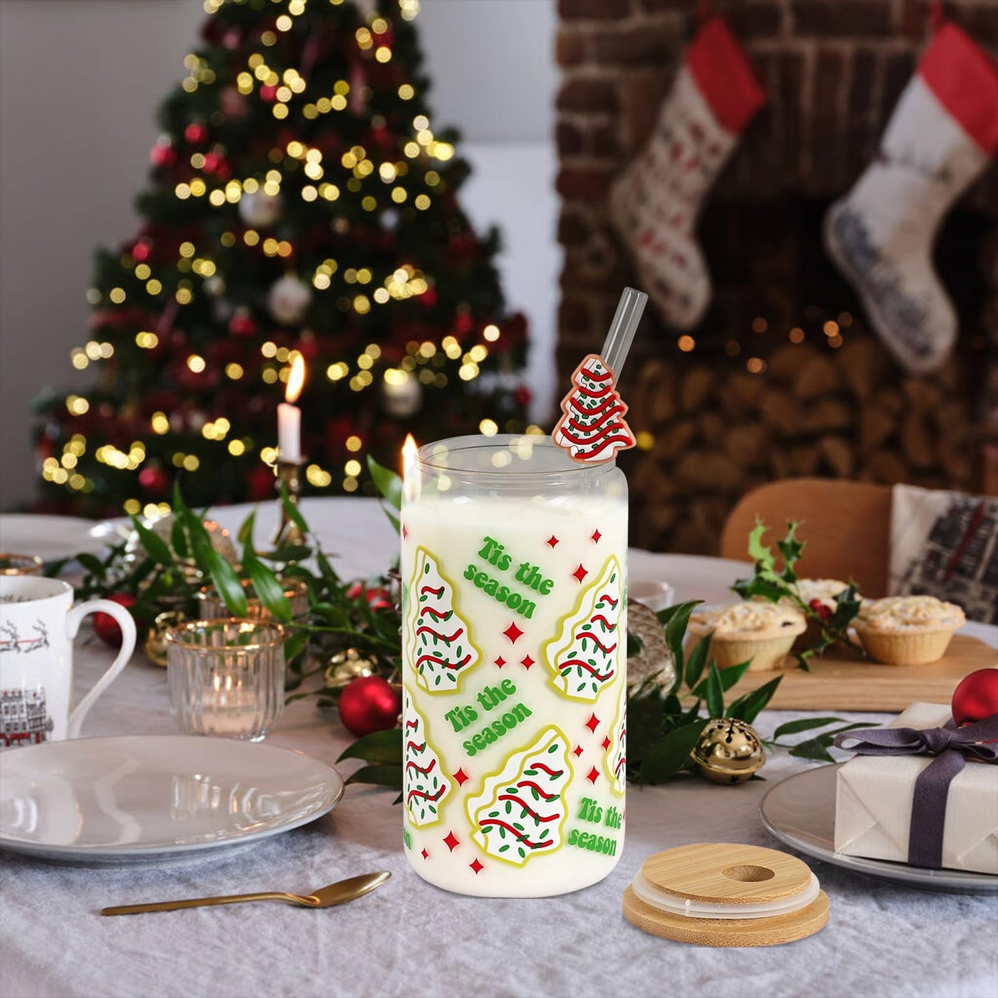 Joyseller Christmas Gift Glass Cup, Christmas Iced Coffee Tumbler with Festive Holiday Tree Cakes Design, 18oz Reusable Beer Can Drinking Glass for Holiday Tea & Winter Beverages