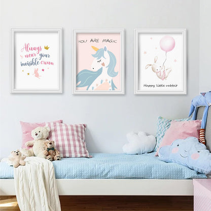 JJY 9 Pcs Cartoon Castle Wall Art Decor for Girls Room -Inspirational Rainbow Wall Art Prints -Whimsical Rabbit & Hot Air Balloon Wall Decor Posters Aesthetic for Kids Room Lovely Gift (Unframed)