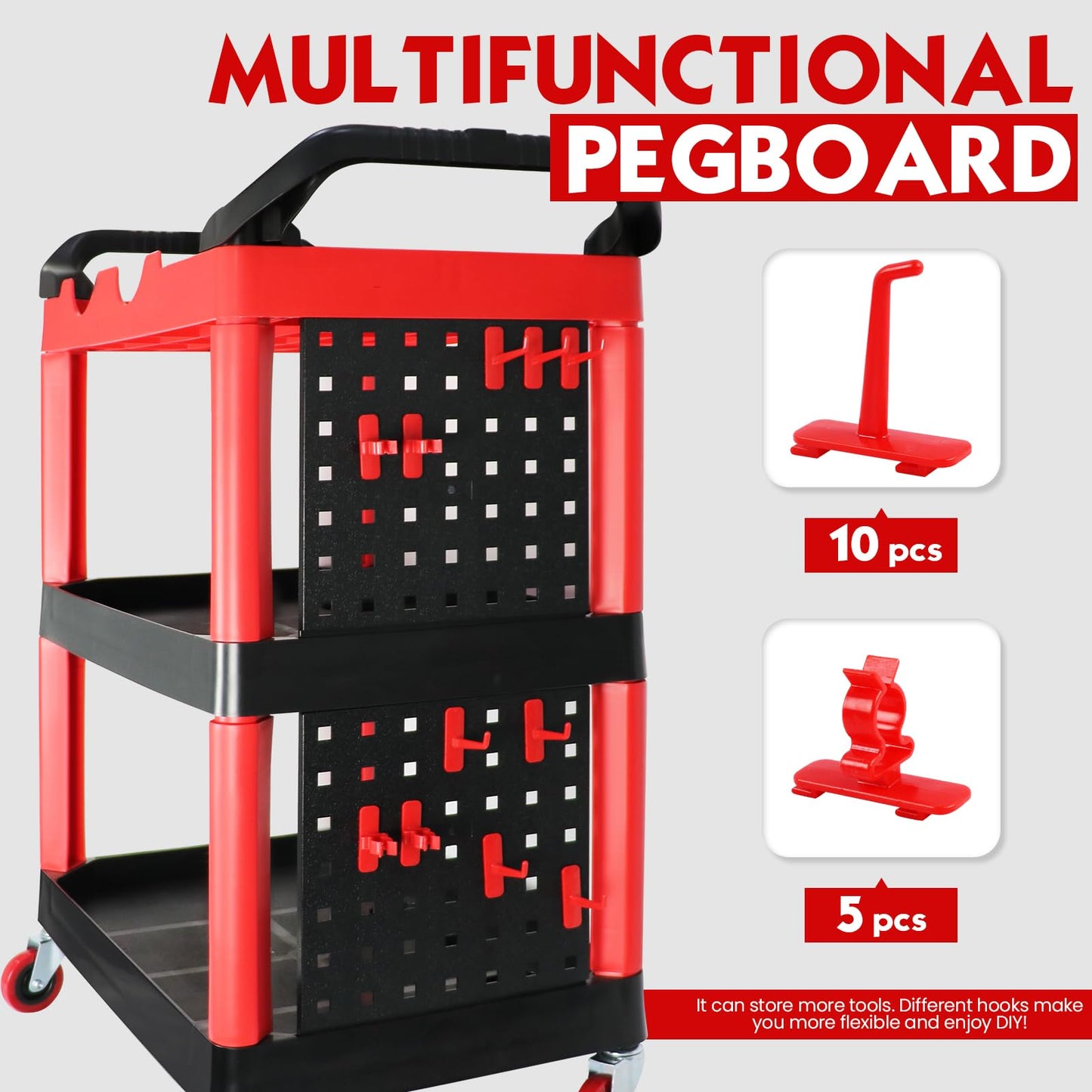 ALL4DETAIL Auto Detailing Cart with Wheels, 3 Tier Car Detailing Cart with Hanging Boards & Hooks, Car Wash Organizer for Garage Workshop DIY Home