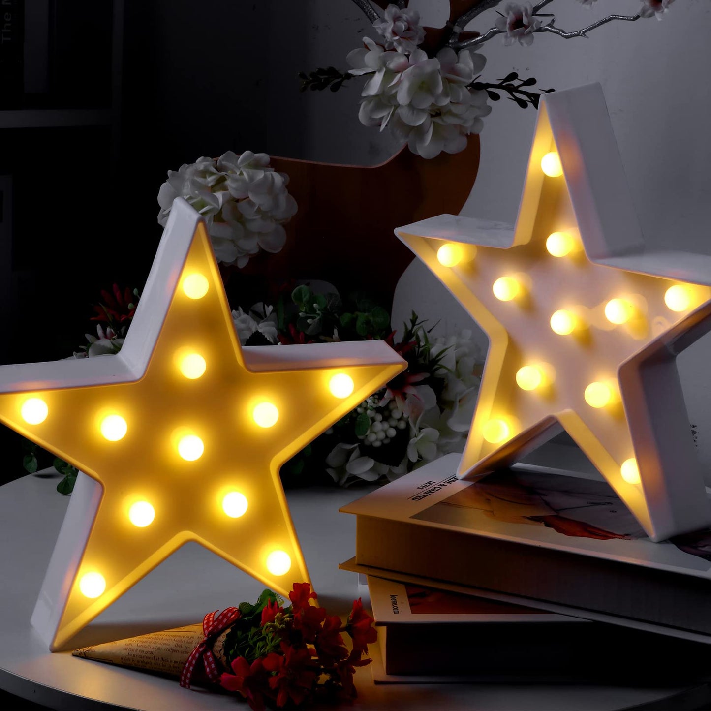 Tarpop 2 Pcs Star Plastic Night Light Battery Operated LED Marquee Light Star Sign Room Wall Lamp for Movie Night Supplies Carpet Party Decorations Christmas Theater(White)