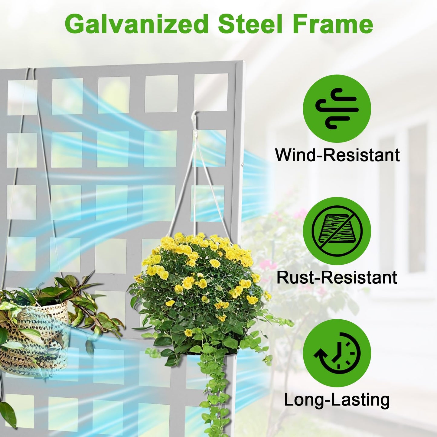 Metal Planter Box with Trellis, Outdoor Galvanized Raised Garden Bed with Privacy Screen & Drainage Holes & Lockable Casters for Climbing Plants, Vegetable