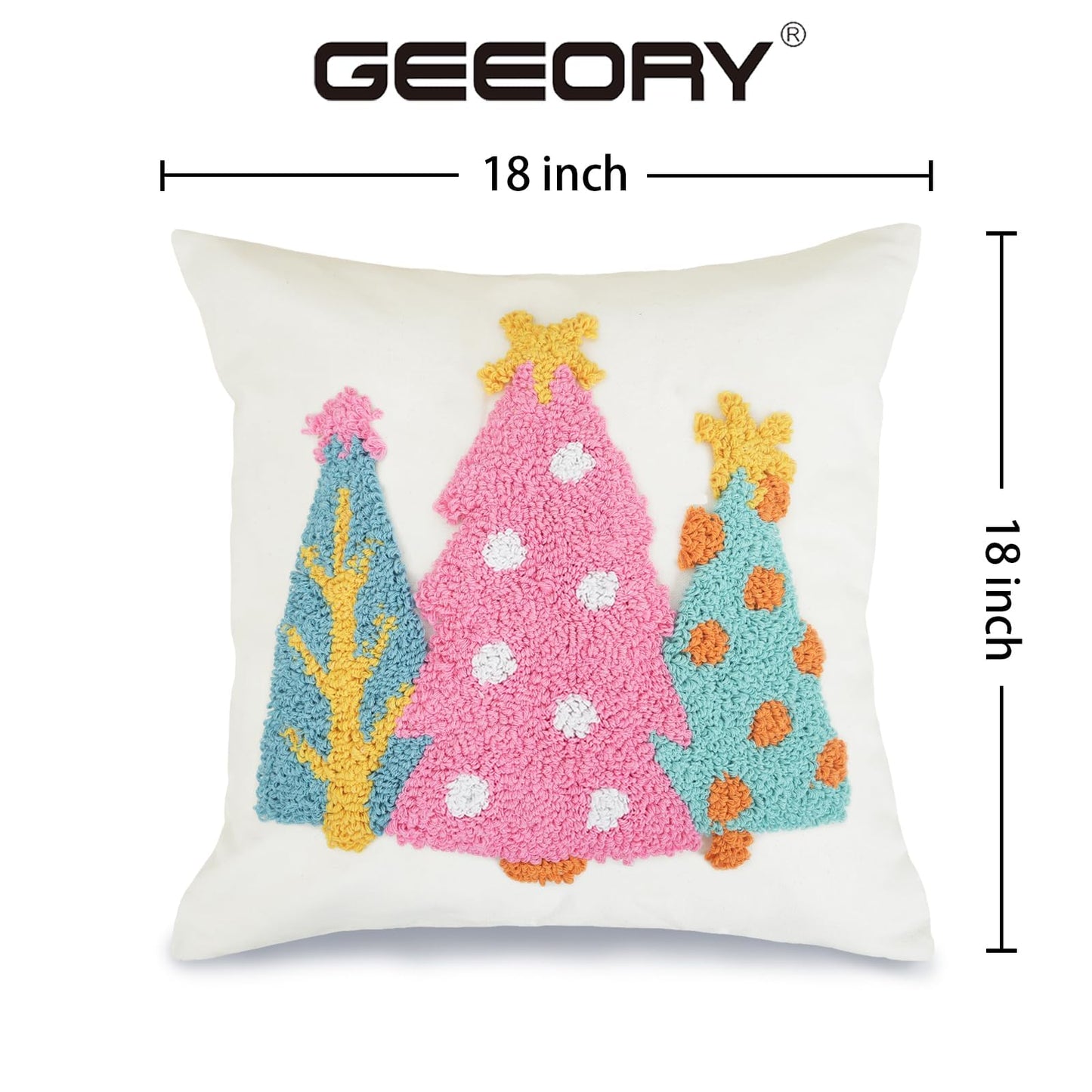 GEEORY Christmas Pillow Covers 18x18 Inch, Canvas Embroidered Xmas Tree Throw Pillows, Farmhouse Home Decoration Cushion Case for Sofa & Bed (Pink