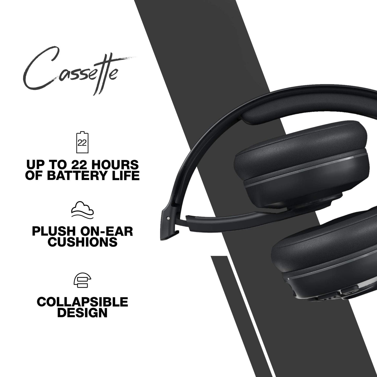Skullcandy Cassette Wireless On-Ear Headphones, Up to 22 Hours Battery, Foldable Lightweight Design, Backup 3.5mm AUX Cable Included, Microphone for iPhone Android - Black