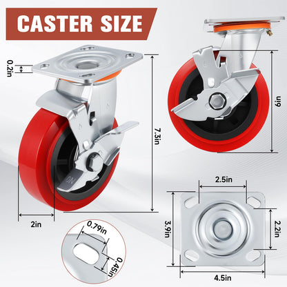 Caster Wheels,Industrial Heavy Duty Caster Set of 4,Polyurethane Surface TPE Casters,Load 5000Lbs Swivel Brake Plate Casters,for Industrial Equipment (2Side Brake & 2 Rigid, 6 inch)